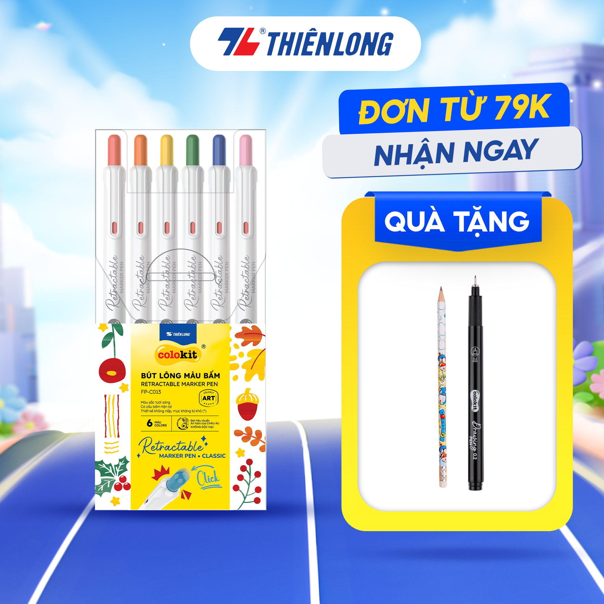 Bút lông 6/12 màu dạng bấm Retractable Fiber Pens Classic/Kawaii Thiên Long Colokit - 0.6mm