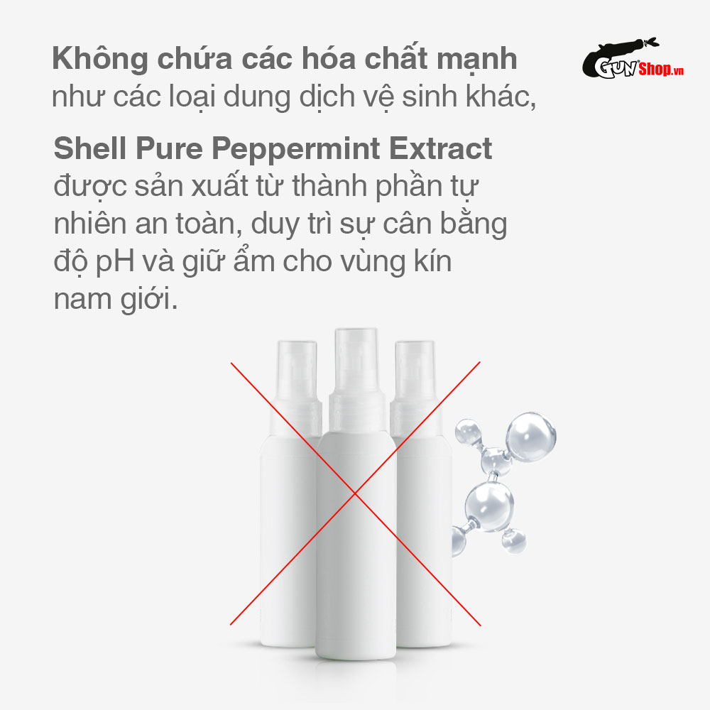 Dung dịch vệ sinh nam dạng bọt, tinh chất bạc hà tươi mát - Shell Pure Peppermint Extract kèm 1 chiếc BCS Gun Super Thin