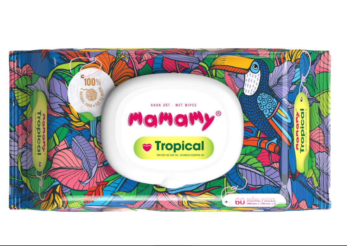 Khăn ướt Mamamy Tropical 100% sợi tự nhiên ngừa hăm, rôm sảy kháng khuẩn giữ ẩm cho bé (Gói 60/90 tờ)