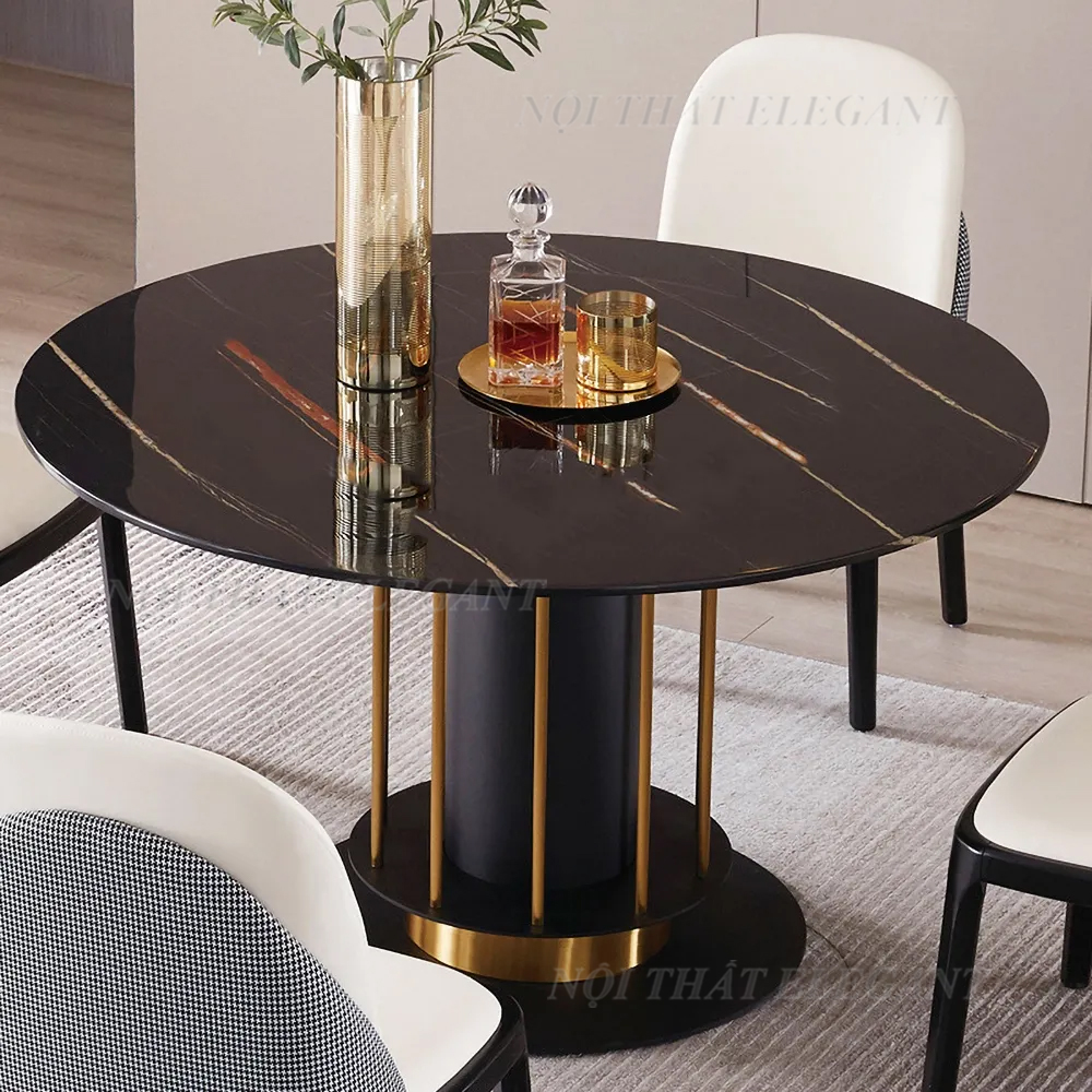 Bộ bàn ăn 6 ghế cao cấp, hình tròn, mặt đá Ceramic chống trầy xước, chân kim loại, Ghế bọc da PU – EL-BA15