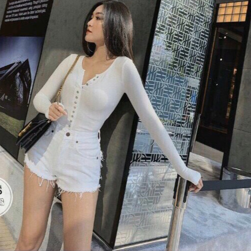 Quần Short Jean Trắng-Đen Co Dãn Lưng Cao