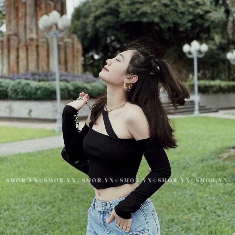 Áo Croptop Phối Lệch Vai Áo Crt Trễ Vai Siêu Xinhh