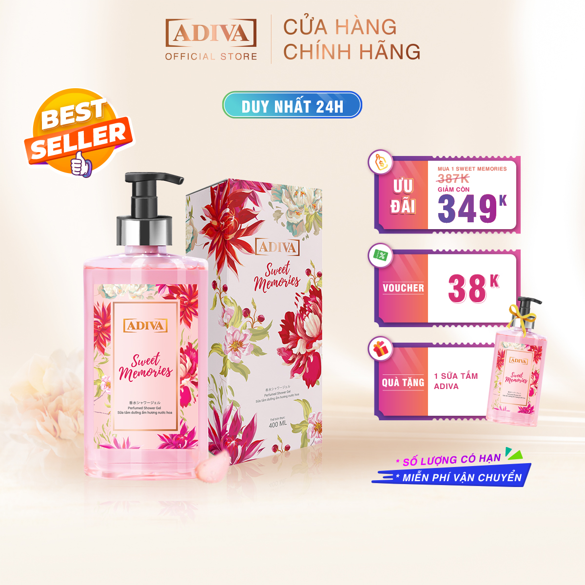 Sữa Tắm Dưỡng Ẩm Hương Nước Hoa ADIVA Sweet Memories 400ml Tặng 1 Hộp Cùng Loại