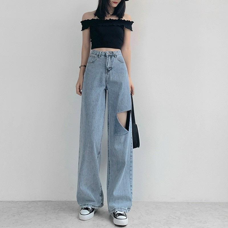 ( giá sỉ) Quần jean nữ ống rộng rách đùi màu xanh thời trang H.N.M STORE