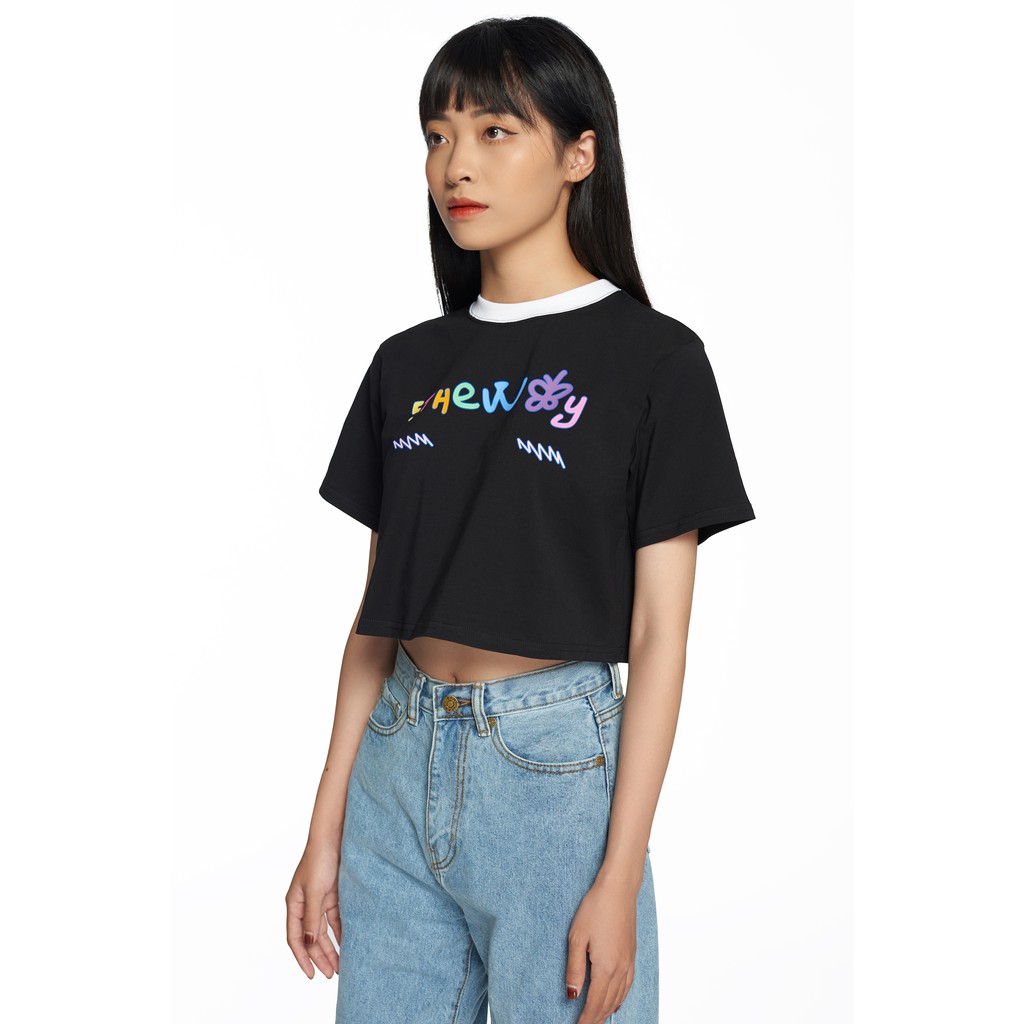 5THEWAY /teddy bear/ CROP TEE in BLACK aka Áo Croptop Đen Tay Ngắn