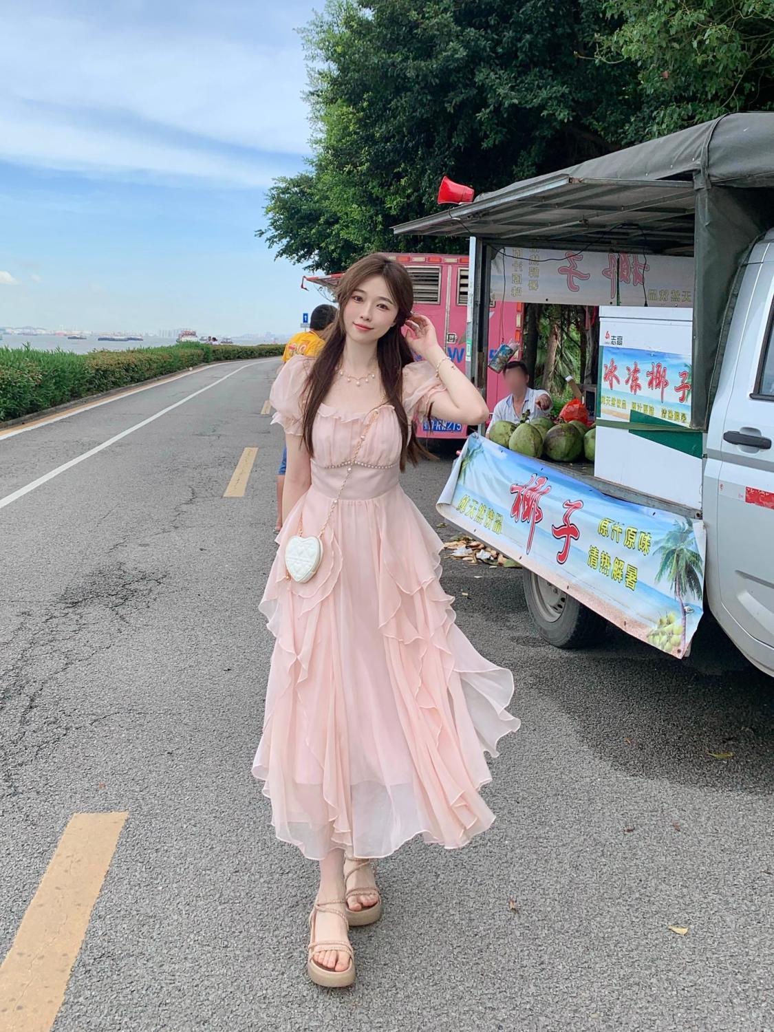 SHUANGYAN Phong cách Pháp cổ vuông nhẹ nhàng Fairy Wind Dress cho phụ nữ mùa hè 2023 Thắt lưng cho phụ nữ