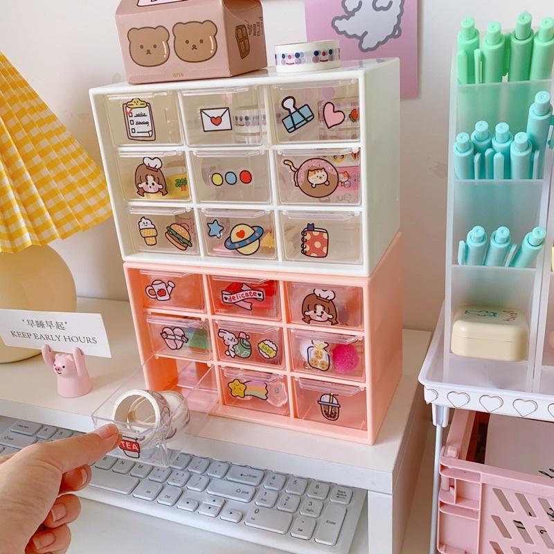 Tủ nhựa mini 9 ngăn đựng trang sức, phụ kiện decor bàn học tặng kèm sticker siêu xinh - Kệ 9 ngăn đựng đồ mini để bàn