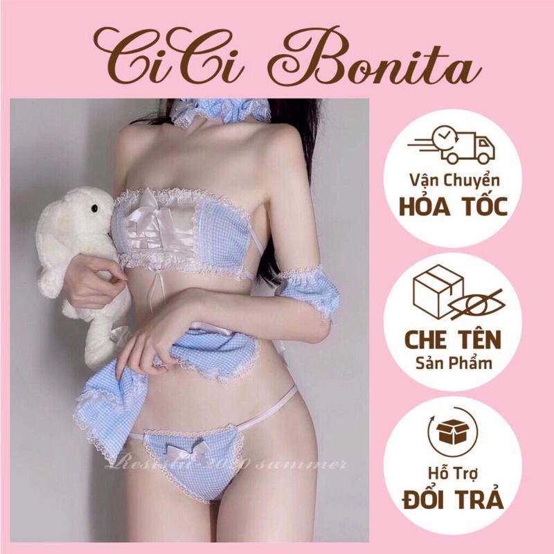 Maid Set/ Cosplay hầu gái kẻ xanh caro kèm nhiều phụ kiện đi kèm siêu xinh C110