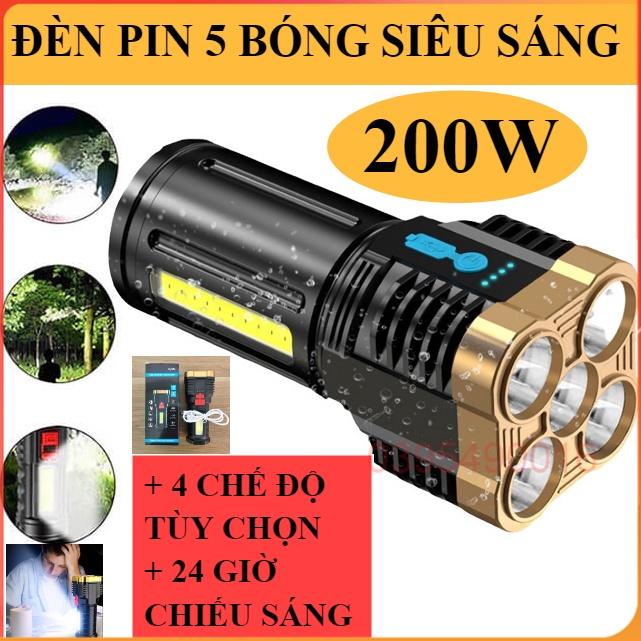 Đèn Pin 5 Bóng Siêu Sáng Pro Cầm Tay Chắc Chắn 4 Chế Độ Tiện Dụng Sạc Tích Điện, Chống Va Đập, Chiếu Xa 200m.