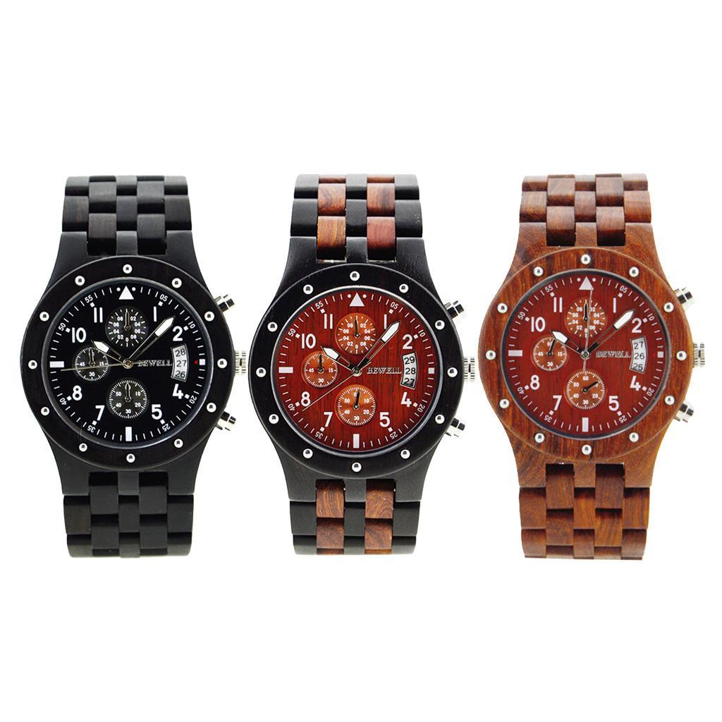 Bewell Sub-dials Wooden Watch Quartz Analog Movement Date Wristwatch