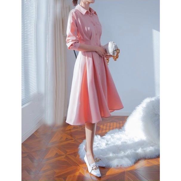 X2 Đầm công sở sơ mi hồng xếp li eo váy dáng xòe dự tiệc tay dài chiết eo tôn dáng thanh lịch