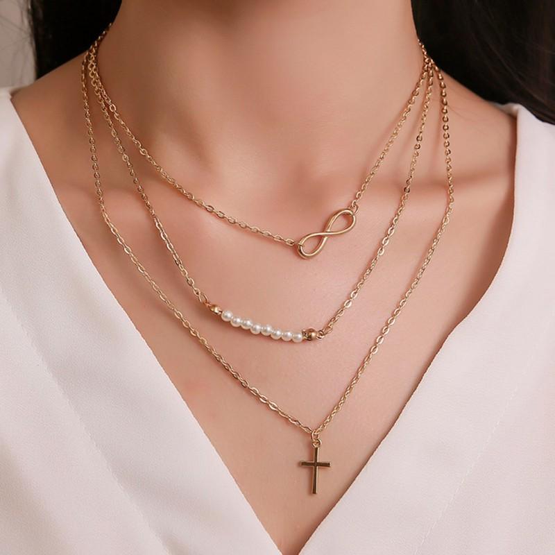 Dây Chuyền Hợp Kim Nhiều Lớp Mặt Hình Số 8 Đính Ngọc Trai Giả Thời Trang Cho Nữ