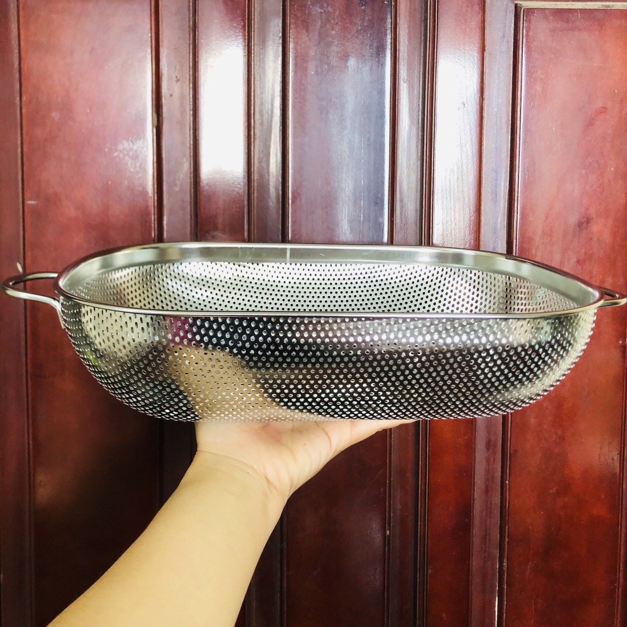 Rổ nhà bếp Inox 304 STAAMI Hàn Quốc oval chữ nhật 2 tay quai có đai cỡ lớn 33,5x23x8cm không hoen gỉ