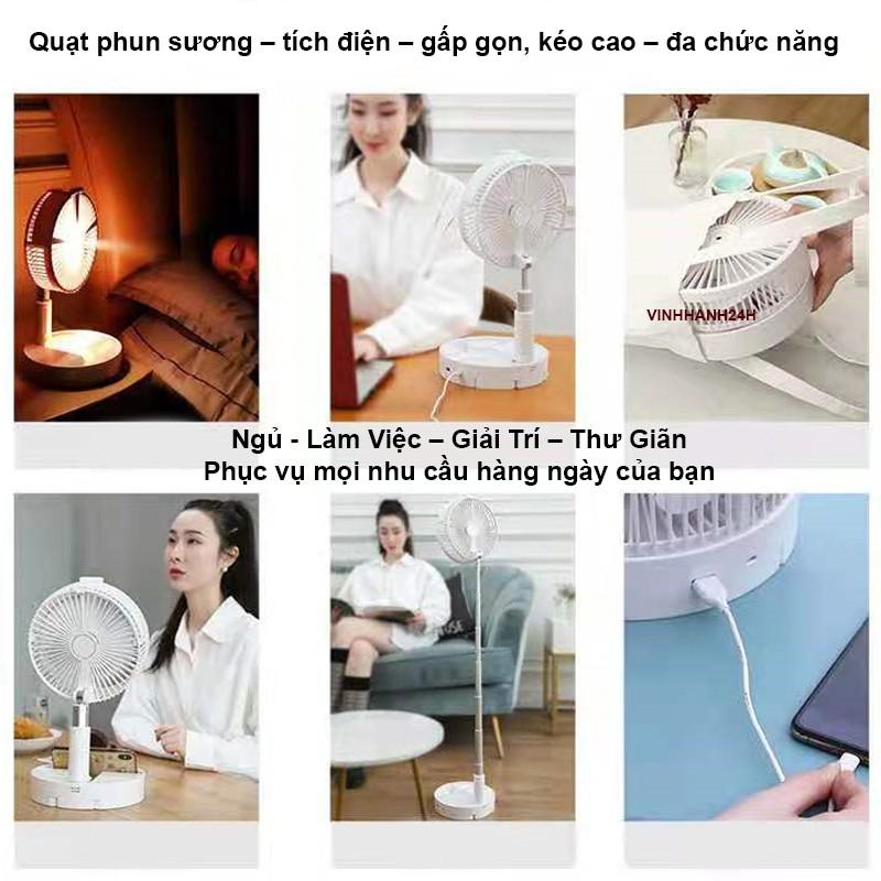 QUẠT ĐA TIỆN ÍCH CAO CẤP - TỰ XOAY - PHUN SƯƠNG - GẤP GỌN KÉO CAO - TÍCH ĐIỆN - 2 ĐÈN LEB, 2 CHẾ ĐỘ XOAY - 4 CẤP ĐỘ QUẠT