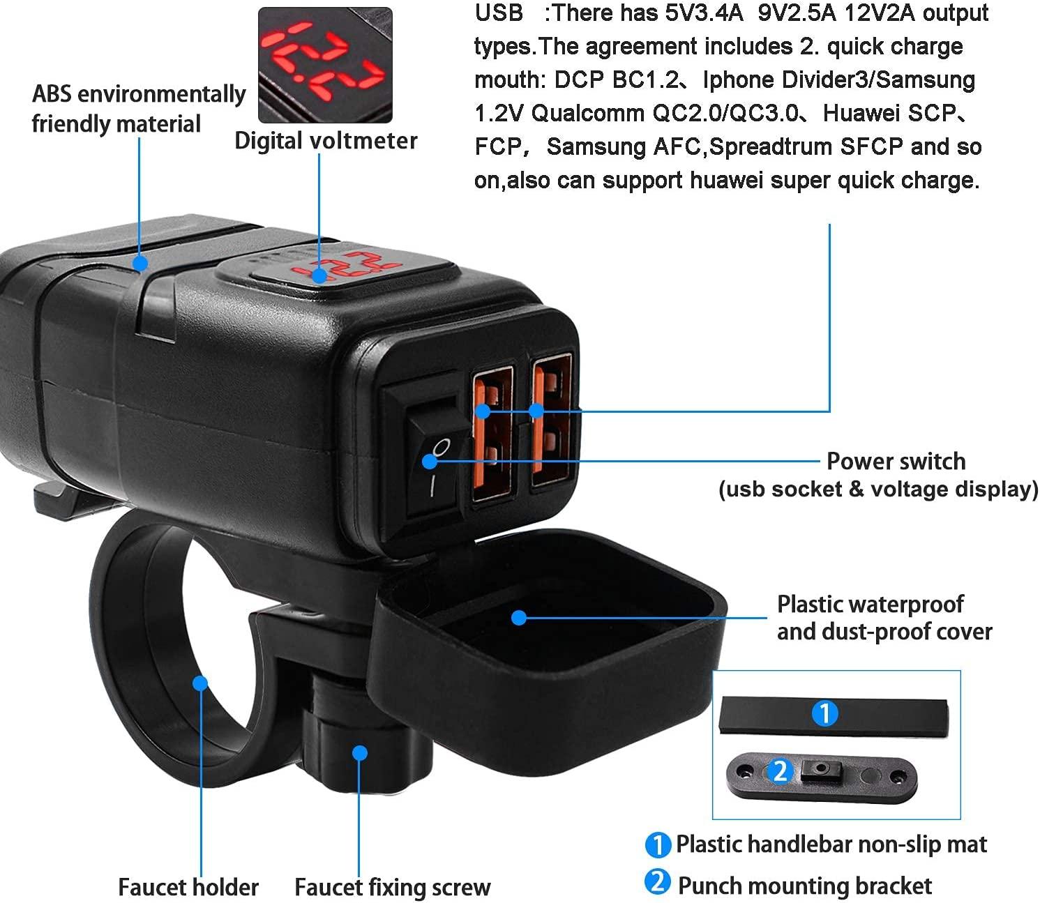 Bộ sạc xe máy, ổ cắm USB QC 3.0 và vôn kế LED 6-30V, Bộ điều hợp USB không thấm nước IP65