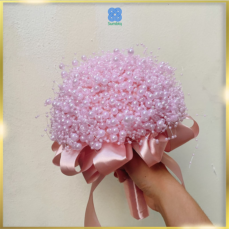 Hoa cô dâu kết cườm ruy băng hồng xinh tươi
