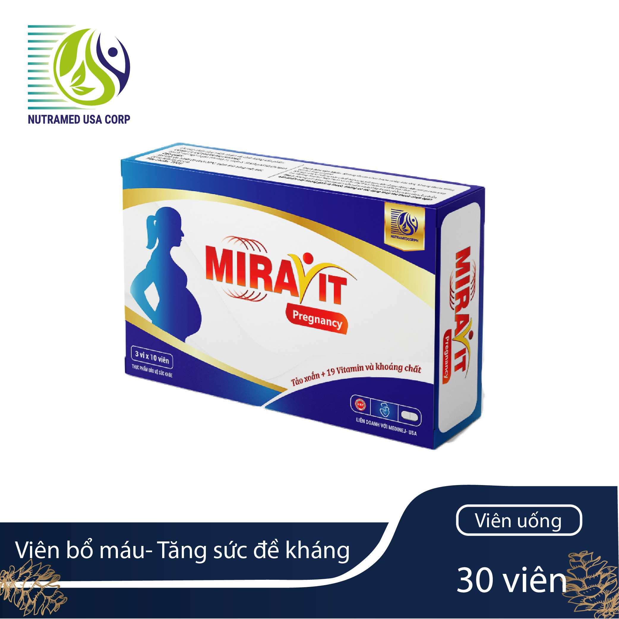 Viên bổ bầu Miravit preagnency- Bổ máu, cung cấp vitamin, khoáng chất, vi tảo, DHA tăng sức đề kháng cho phụ nữ có thai - Nhà máy liên doanh với Medinej - USA và đạt chuẩn GMP - WHO