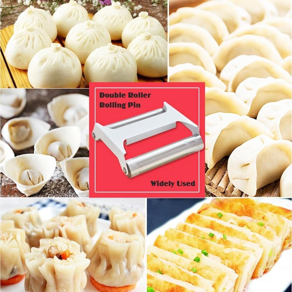 Cây Lăn Bột Hai Trục Inox 304 Cán Trợ Lực Dùng Cho Bánh Tiêu, Bánh Bao, Há Cảo, Pizza... 304 Stainless Steel Roller Rolling Pin