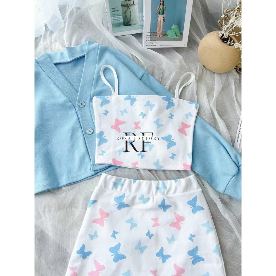 Set 3 món croptop kèm áo khoác, Set áo ống dây mix chân váy ngắn kèm áo cardigan bướm DK-0046 màu xanh