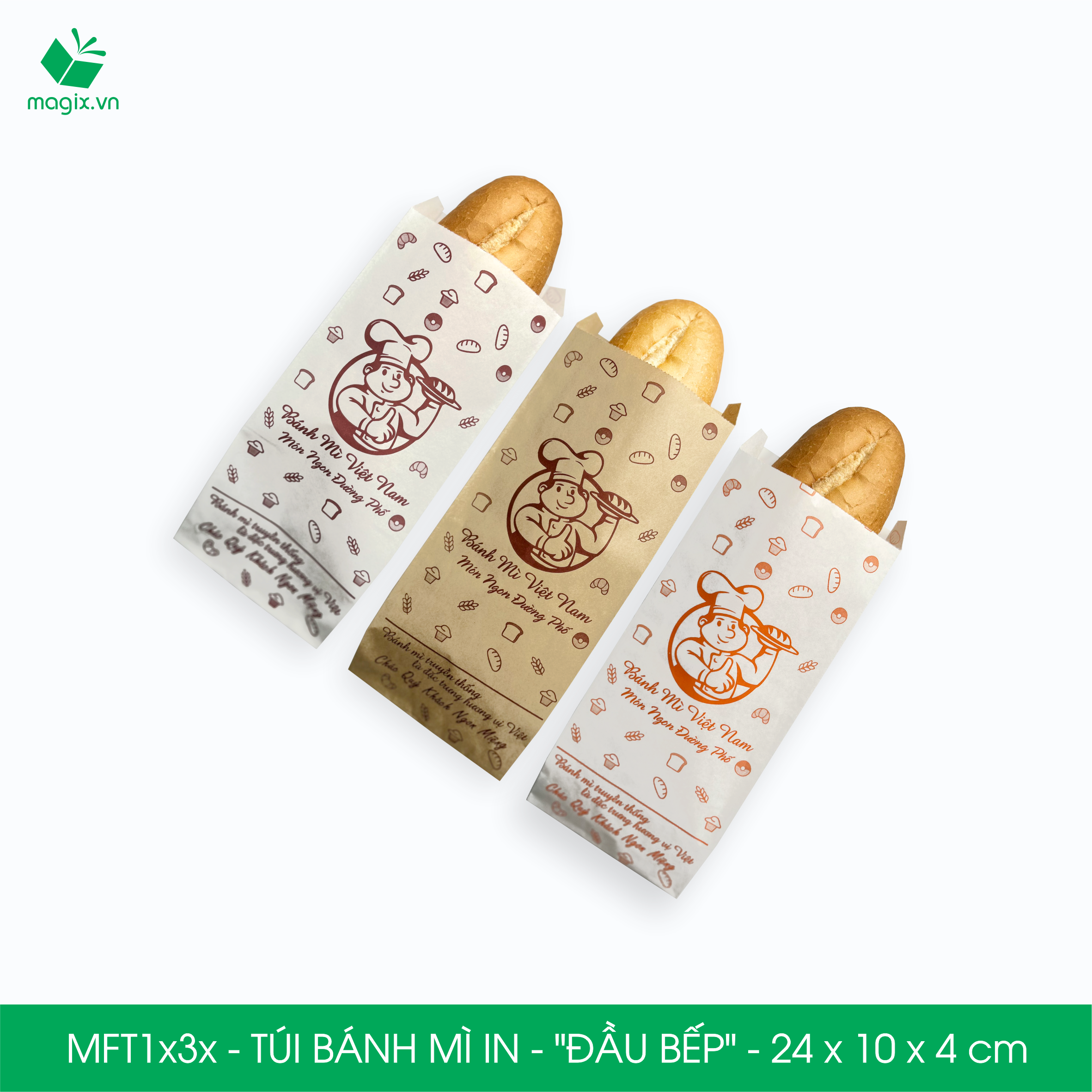 Combo 100 Túi bánh mì 24x10x4 cm - In sẵn họa tiết ĐẦU BẾP - Bao bánh mì Túi giấy thực phẩm an toàn