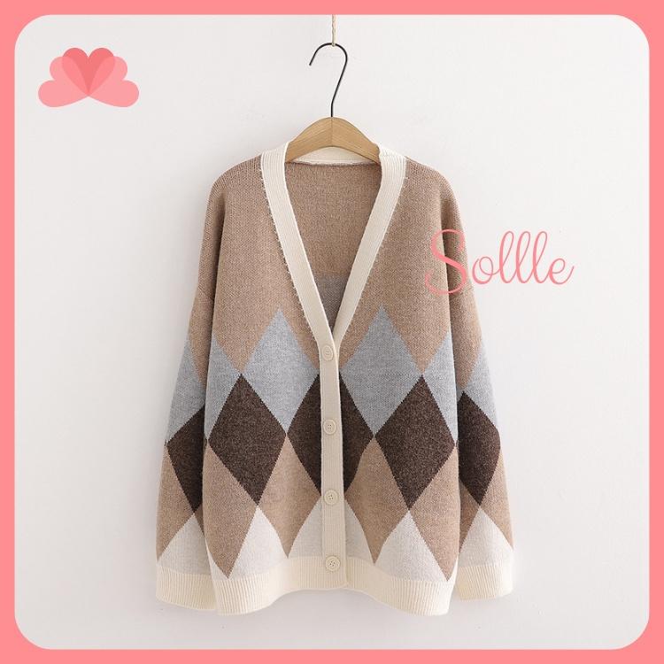 Áo khoác cardigan nữ dáng rộng thổ cẩm len trám mềm mịn phong cách Hàn Quốc Sollle