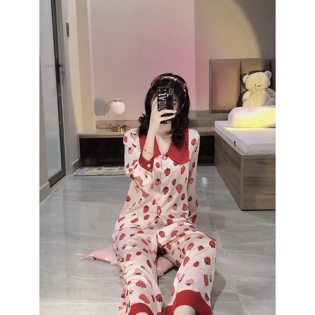 Bộ Lụa Dài Cổ Bèo Họa Tiết Mặc Nhà