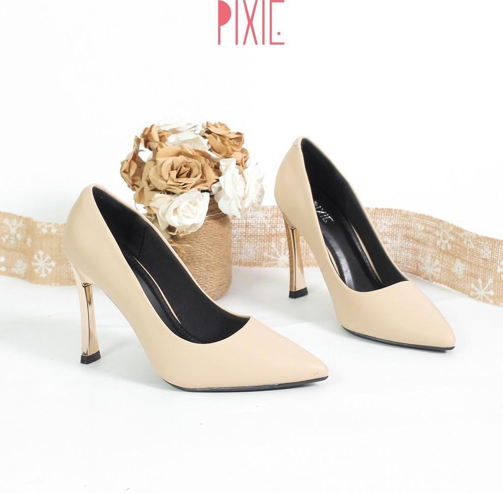 Giày Cao Gót 9cm Gót Vàng Mảnh Màu Đen Pixie X463