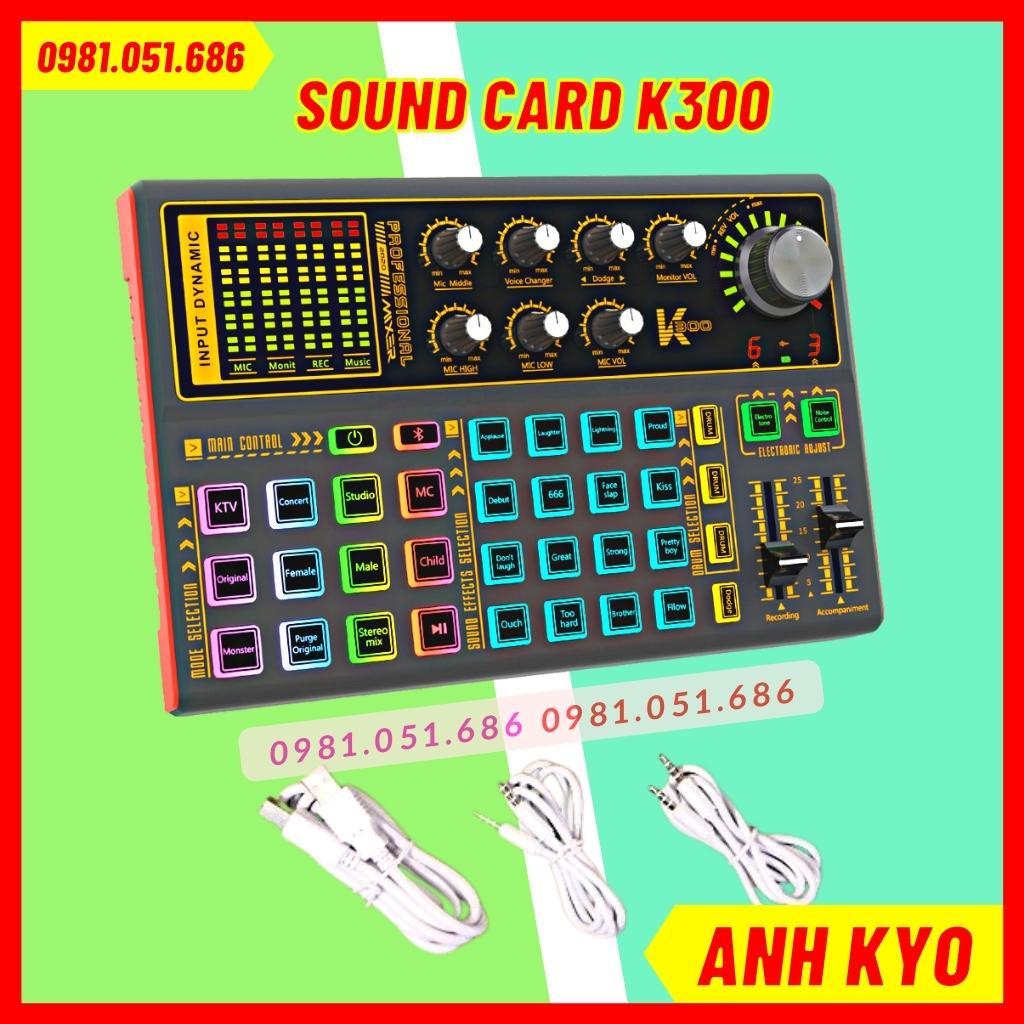 Sound card thu âm livestream k300 bluetooth, hỗ trợ tốt các dòng mic 5V, 48V. Đầy đủ hiệu ứng cười nói, vỗ tay bh 1 năm