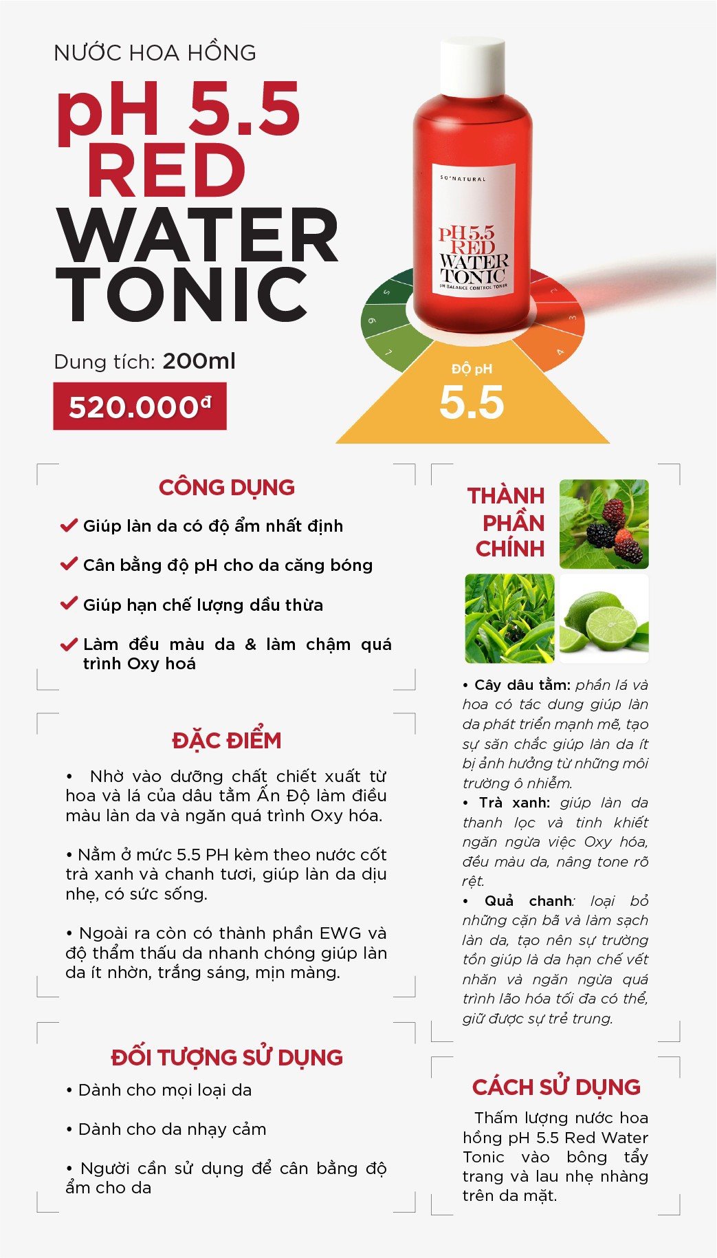 NƯỚC HOA HỒNG TONER PH 5.5 RED WATER TONIC SO'NATURAL