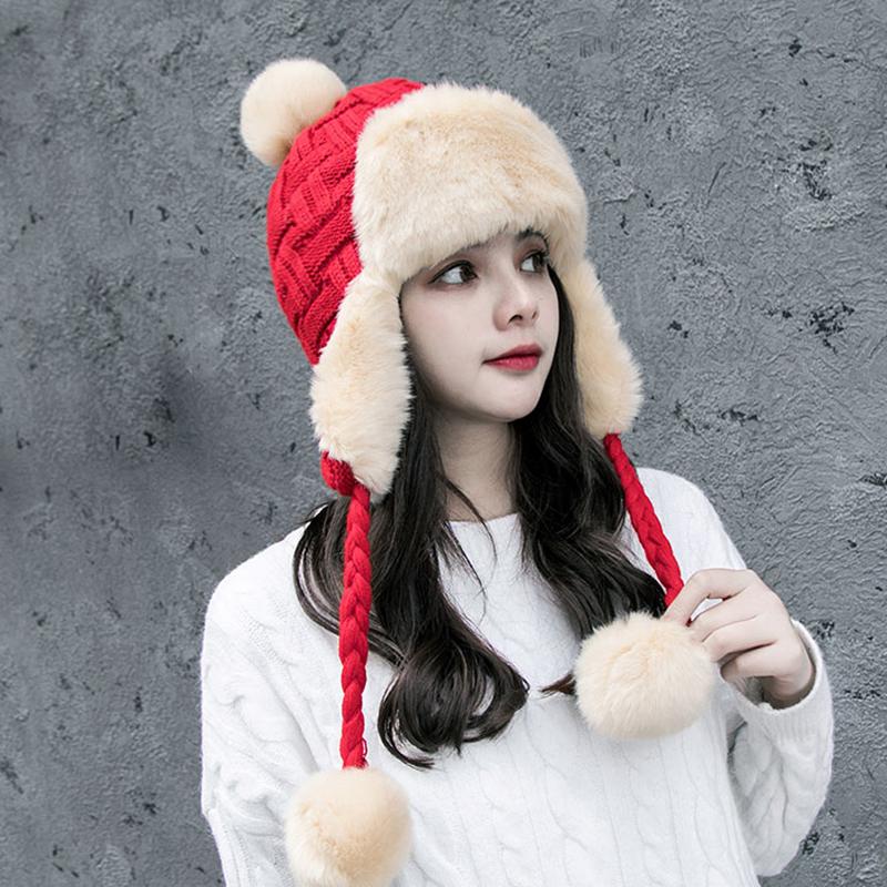 Phụ Nữ Người Đánh Bẫy Nón Mùa Đông Ấm Giả Cáo Lông Máy Bay Ném Bom Nón Beanies Nga Ushanka Len Đan Pom Pom Earflaps Aviator Mũ Lưỡi Trai