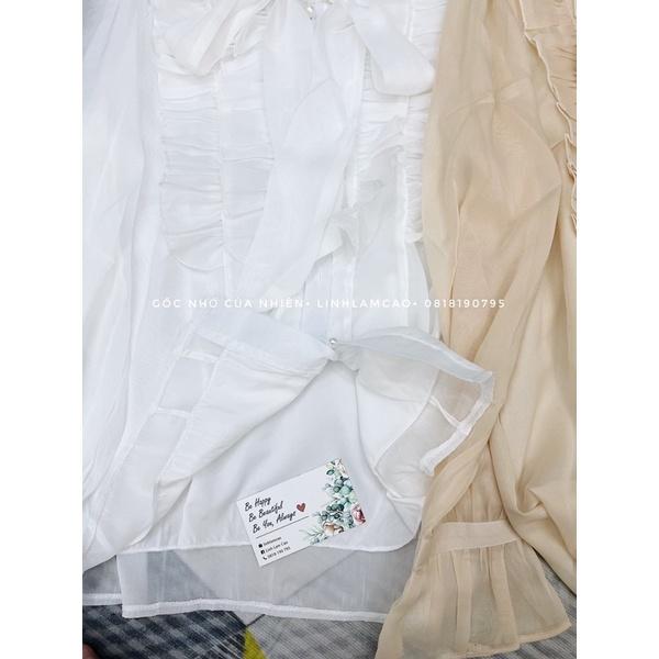 Áo Sơ Mi Nữ Voan Tơ Cổ Viền Bèo Phối Nơ Xinh