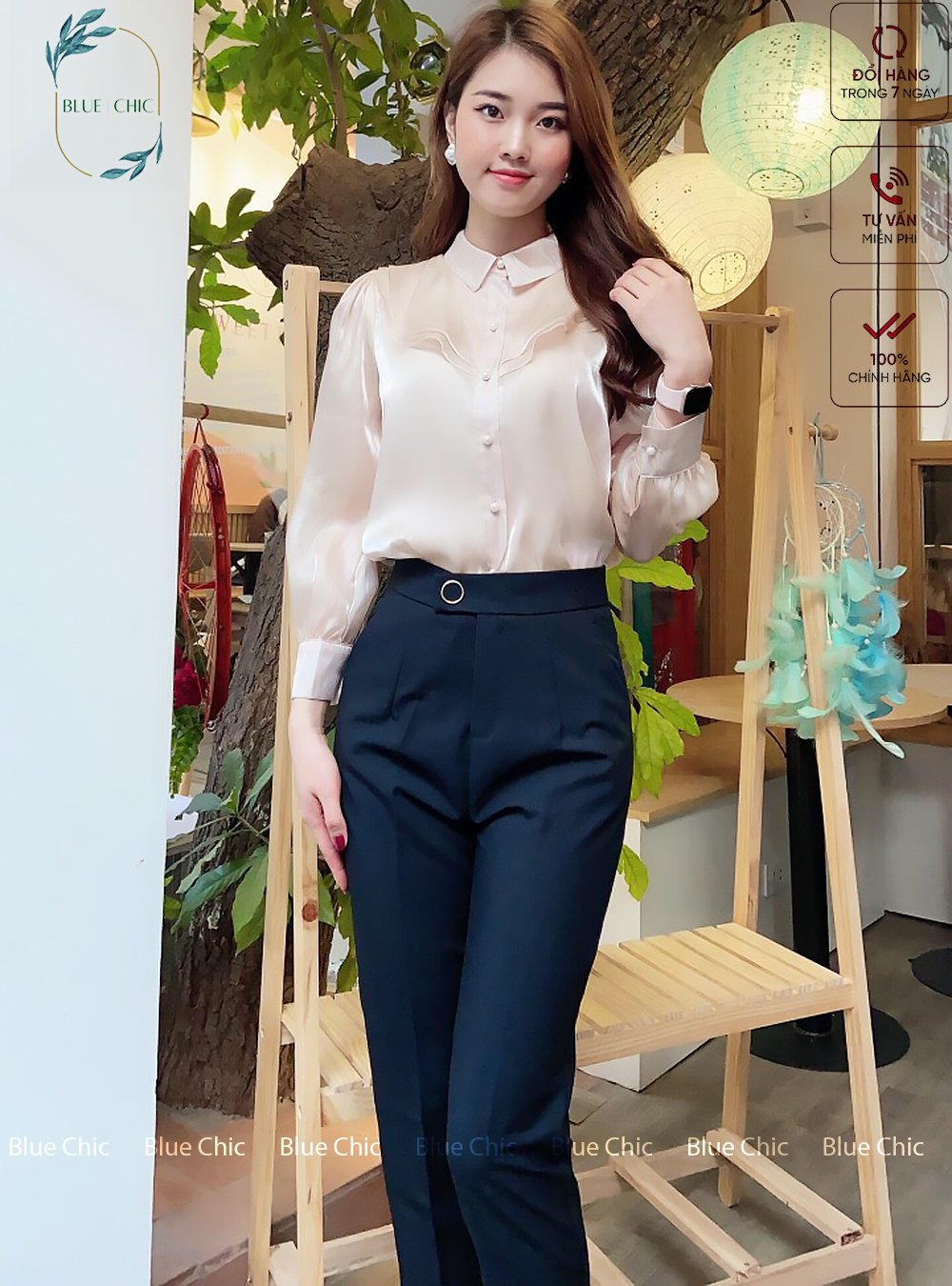 Quần baggy nữ Blue Chic đai tròn đẹp cúc bấm lệch gấu đồ công sở form dáng chuẩn chất vải cao cấp