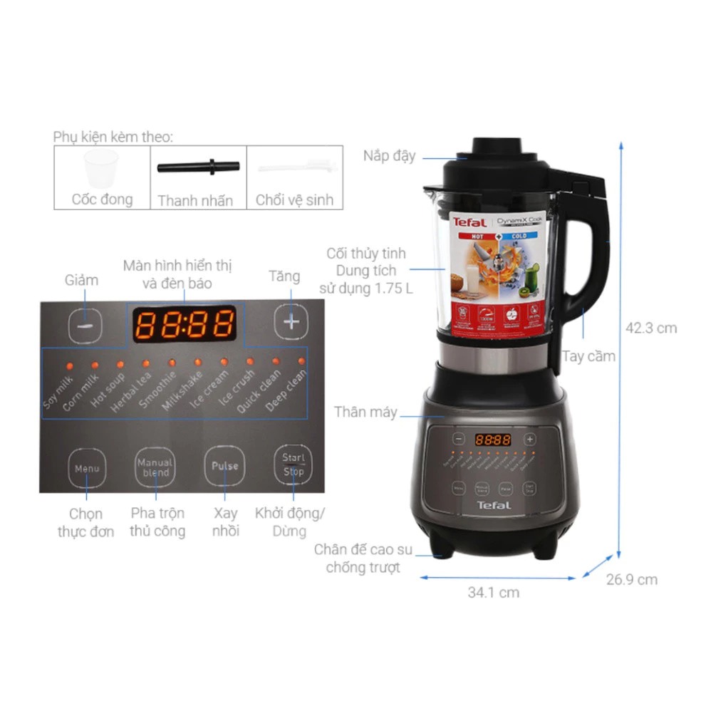 Máy xay nấu làm sữa hạt đa năng Tefal BL967B66 - Dung tích 1.75L - 12 chức năng tiện lợi, hàng nhập khẩu