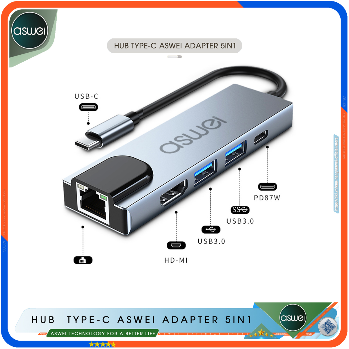 Hub Type C ASWEI 5 in 1 To HDMI, USB 3.0, Lan RJ45, PD 100W - Cổng Chia USB, Ổ Chia USB Tốc Độ Cao - Hub Chuyển Đổi USB Type C 5 Cổng - Hàng Chính Hãng