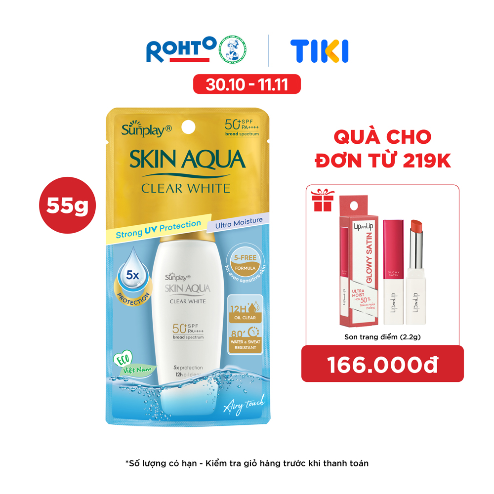 Kem chống nắng Skin Aqua dưỡng trắng, kiểm dầu, dùng hàng ngày dạng sữa Sunplay Skin Aqua Clear White Eco Việt Nam SPF50, PA++++ 55g