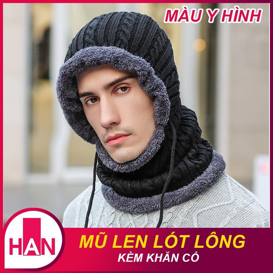 Mũ len nam nữ lót lông liền khăn cổ siêu ấm mùa đông rét đậm - Mu len lot long trum co