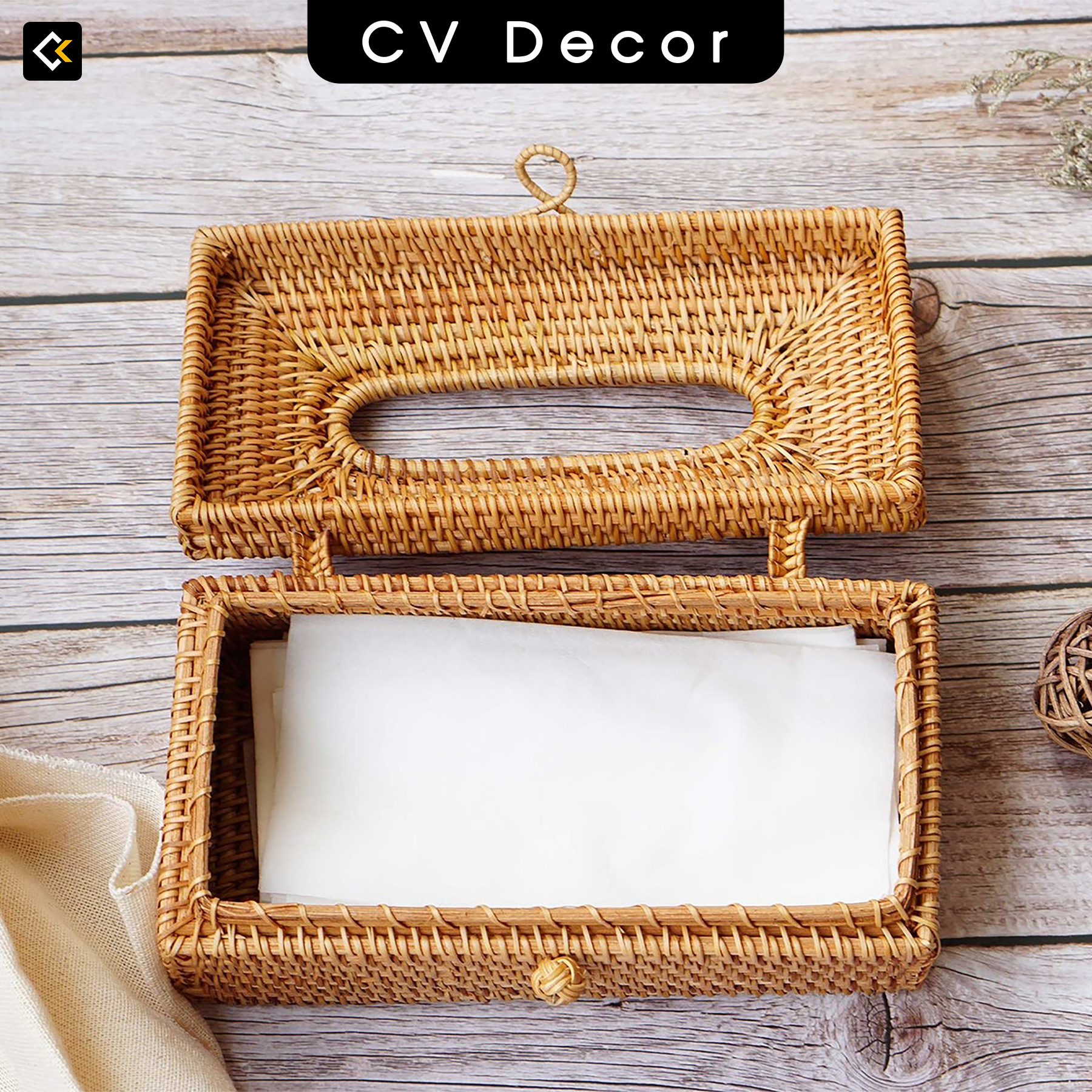 Hộp Đựng Giấy Chữ Nhật CV DECOR Chất Liệu Mây Tự Nhiên - Hàng Việt Nam Xuất Khẩu