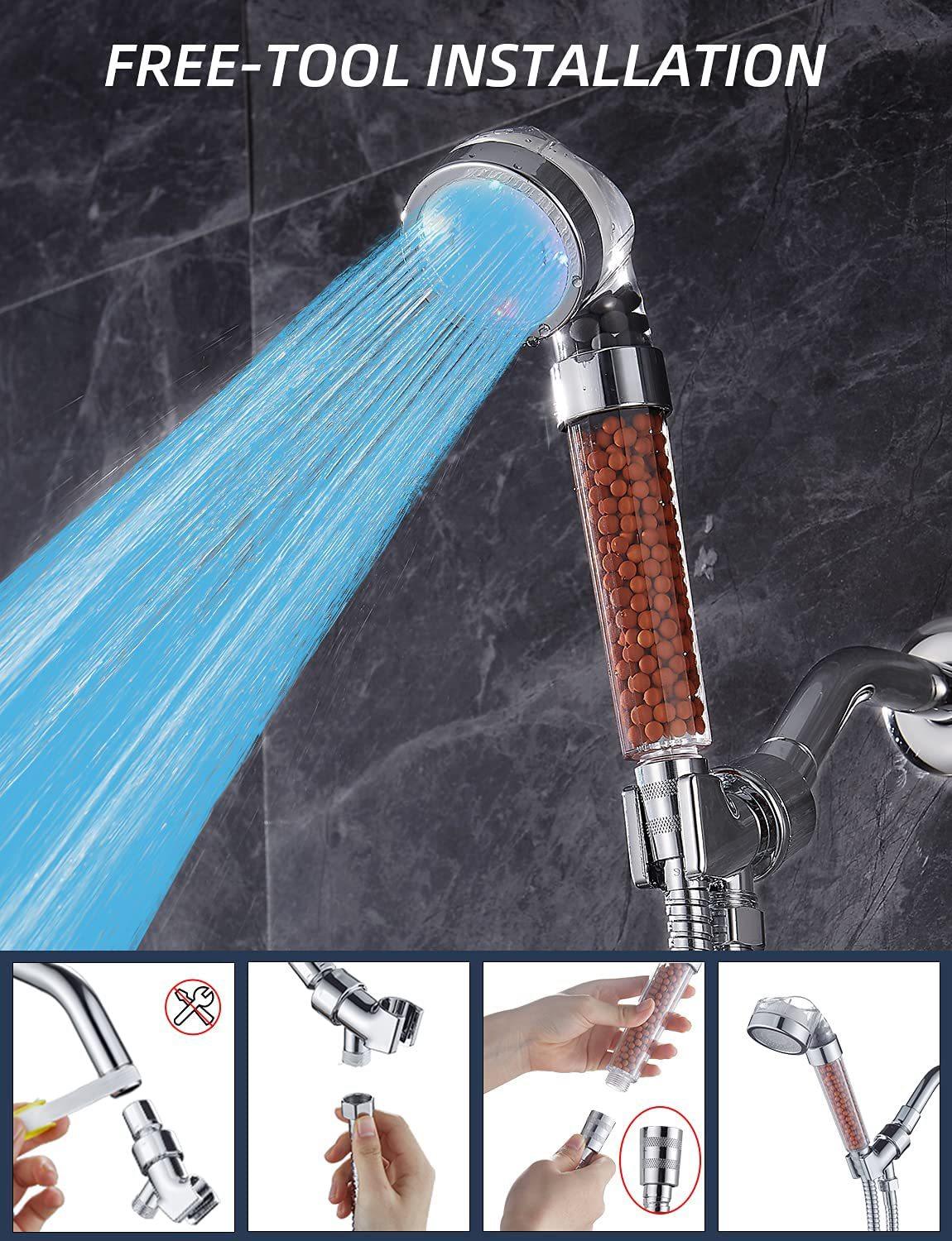 Đầu vòi hoa sen LED thay đổi màu, bộ lọc lọc nước tiết kiệm nước đầu tắm cầm tay với vòi và cơ sở