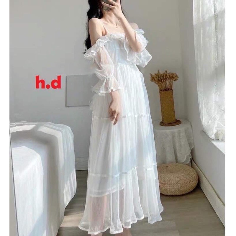 Váy Trắng 2 dây trễ vai bèo ngực dáng dài Đầm babydoll đi biển du lịch dự tiệc