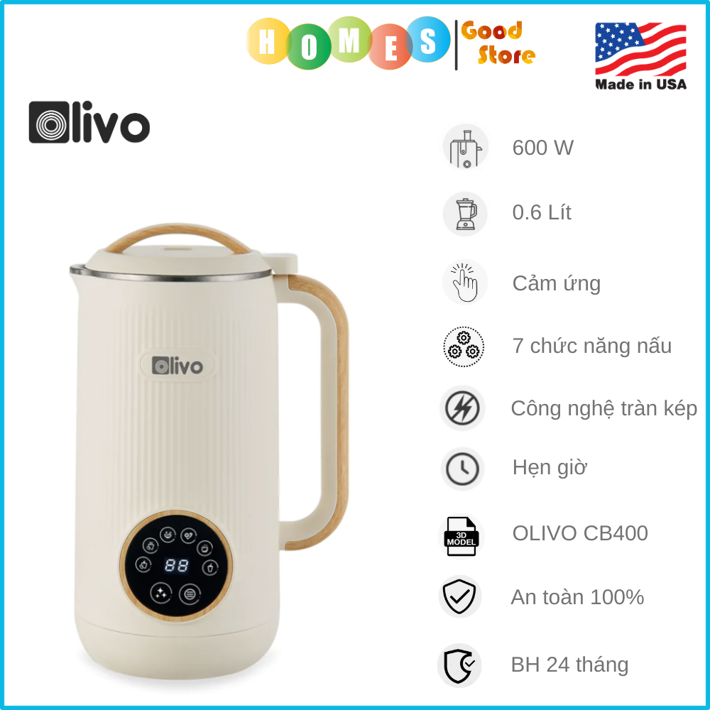 Máy Nấu Sữa Hạt, Máy Làm Sữa Hạt OLIVO CB400 Thương Hiệu Mỹ, Gồm 7 Chức Năng Cài Đặt Sẵn Dung Tích 0.6 Lít Công Suất 600 W - Hàng Chính Hãng