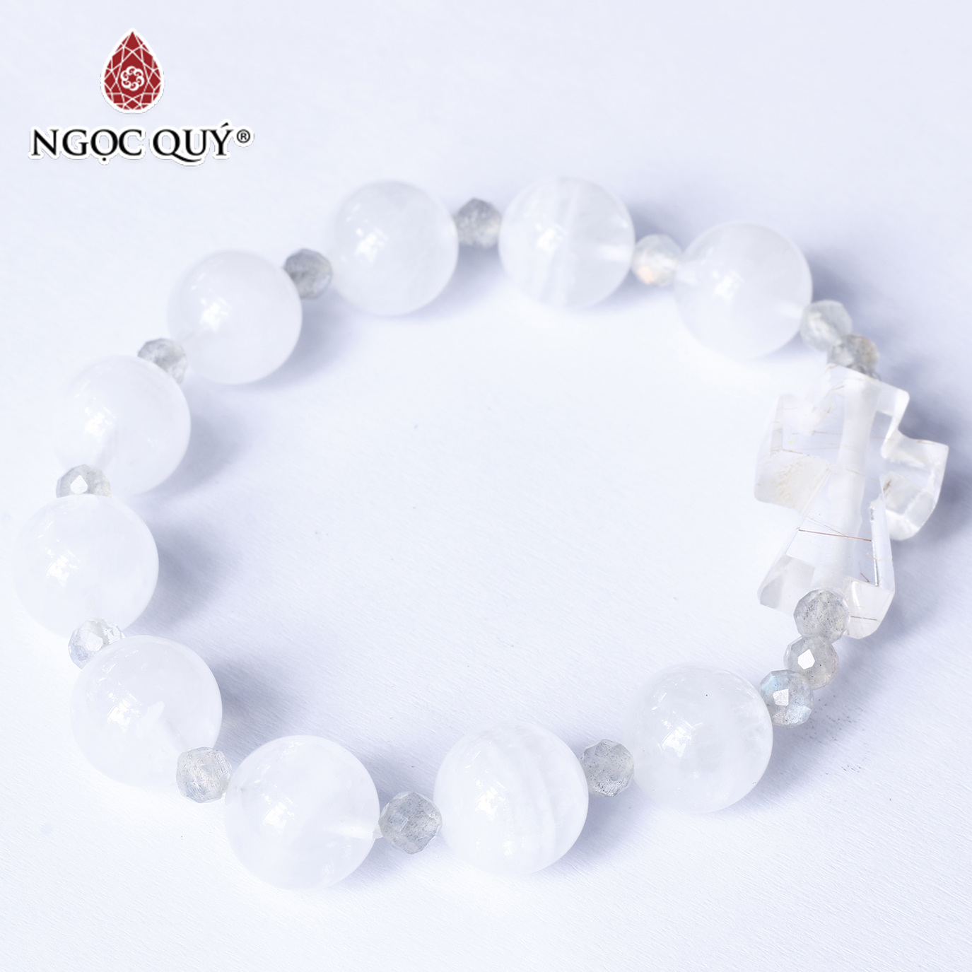 Vòng chuỗi mân côi thạch anh ưu linh trắng mix thánh giá - Ngọc Quý Gemstones
