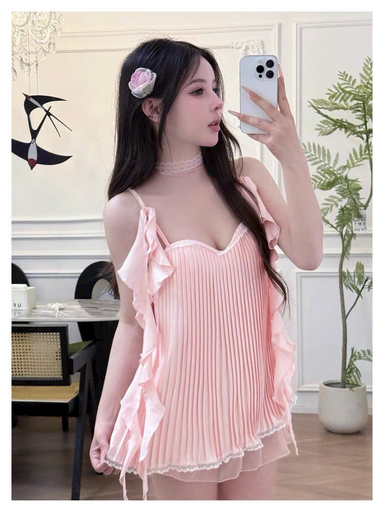 Váy ngủ D377 Lụa Cao Cấp Mẫu Trơn Xếp Ly Bánh Bèo Xinh Xắn