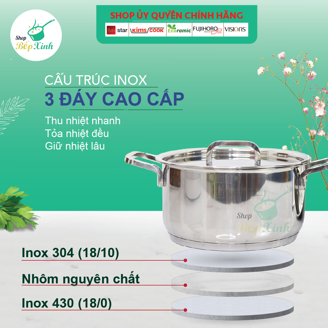 Bộ nồi xửng hấp inox 304 Fivestar Plush 3 đáy bếp từ nắp inox ( 20cm )