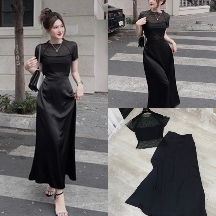 ĐẦM ĐEN SET ÁO CROPTOP LƯỚI + CHÂN VÁY DÀI LƯNG CAO ỐNG RỘNG CHỮ A ĐI TIỆC ĐI CHƠI NOEL DẠO PHỐ