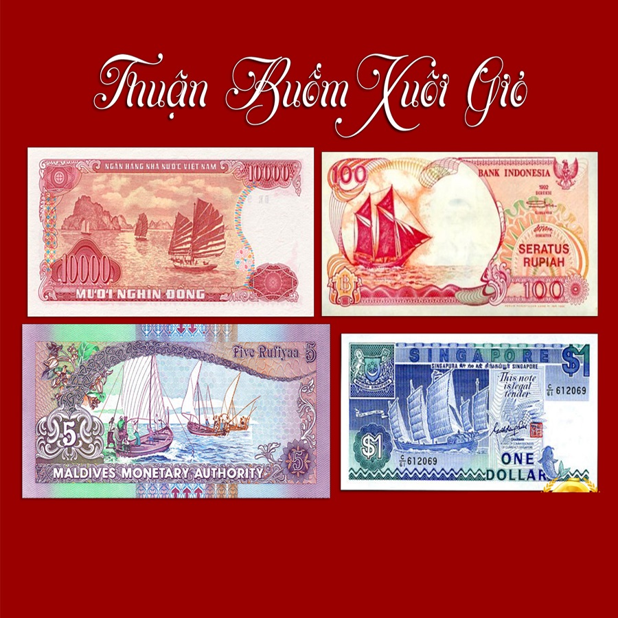 Combo 4 tờ tiền thuận buồm xuôi gió phong thủy của Singapore , Việt Nam , Indonesia , Maldives - Bộ quà tặng sưu tầm ý nghĩa