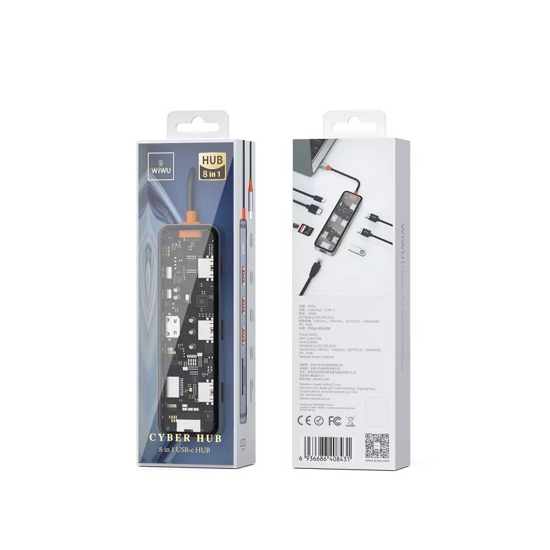 Hub Wiwu Cyper 8in1 CB008 1USB3.0*2+USB2.0*1+SD/TF+HDMI+PD+RJ45 Truyền dữ liệu cực nhanh, hỗ trợ truyền nhanh 5Gbps - Hàng chính hãng