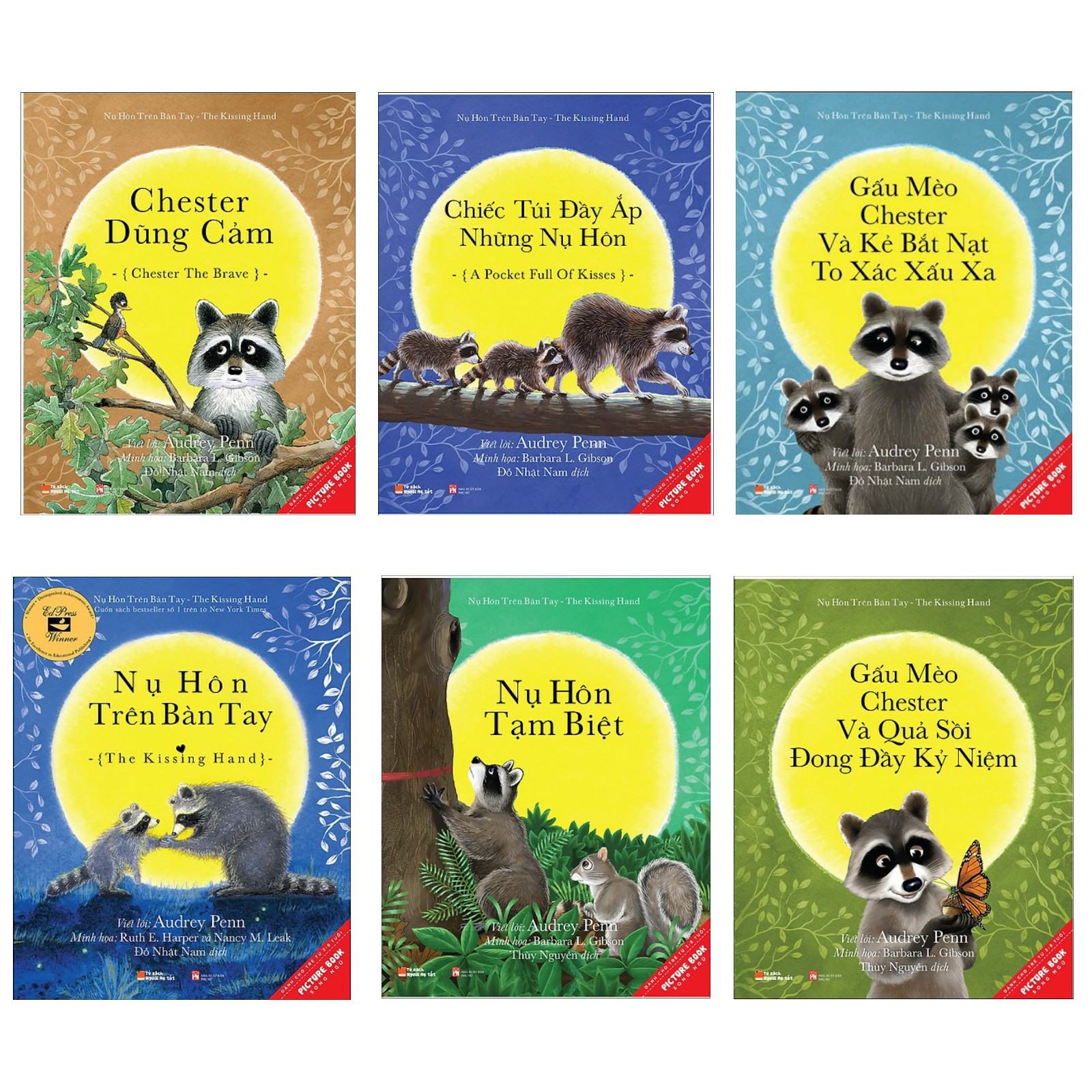 Combo 6 cuốn picture book song ngữ: Nụ Hôn Trên Bàn Tay +  Chester Dũng Cảm + Những Chiếc Túi Đầy Ắp Những Nụ Hôn + Gấu Mèo Chester Và Kẻ Bắt Nạt To Xác Xấu Xa +  Nụ Hôn Tạm Biệt + Gấu Mèo Chester Và Quả Sồi Đong Đầy Kỉ Niệm