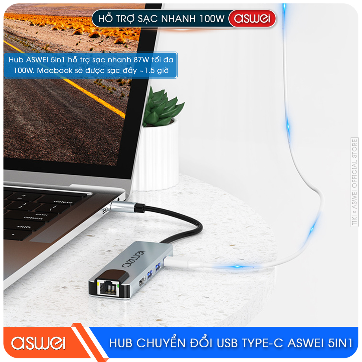 Hub Chuyển Đổi USB Type C ASWEI 5 in 1 - HDMI, USB 3.0, Lan, PD 100W Tốc Độ Cao - Hàng Chính Hãng