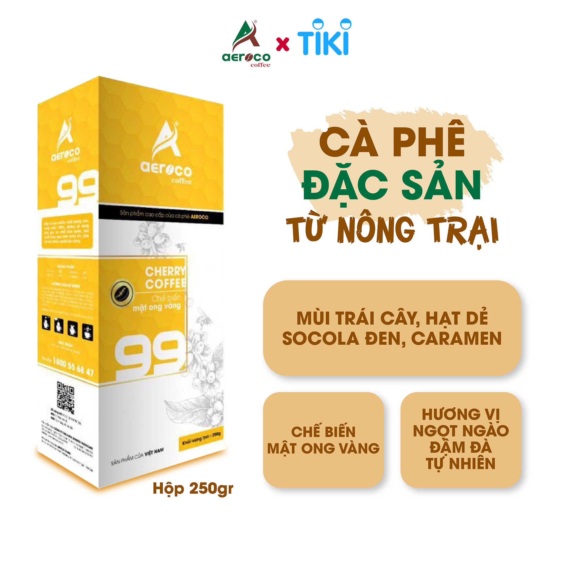 Cà phê bột pha phin AEROCO 99 nguyên chất 100% rang mộc hậu vị ngọt thơm quyến rũ, hộp 250g