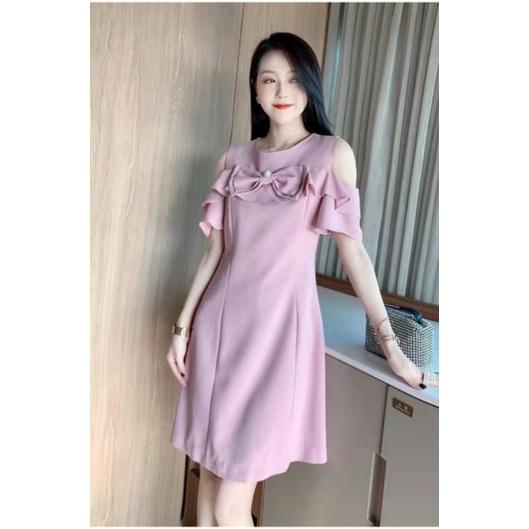 HÀNG NHẬP - ĐẦM SUÔNG LỤA TAY RỚT VAI ĐÍNH NƠ NGỰC